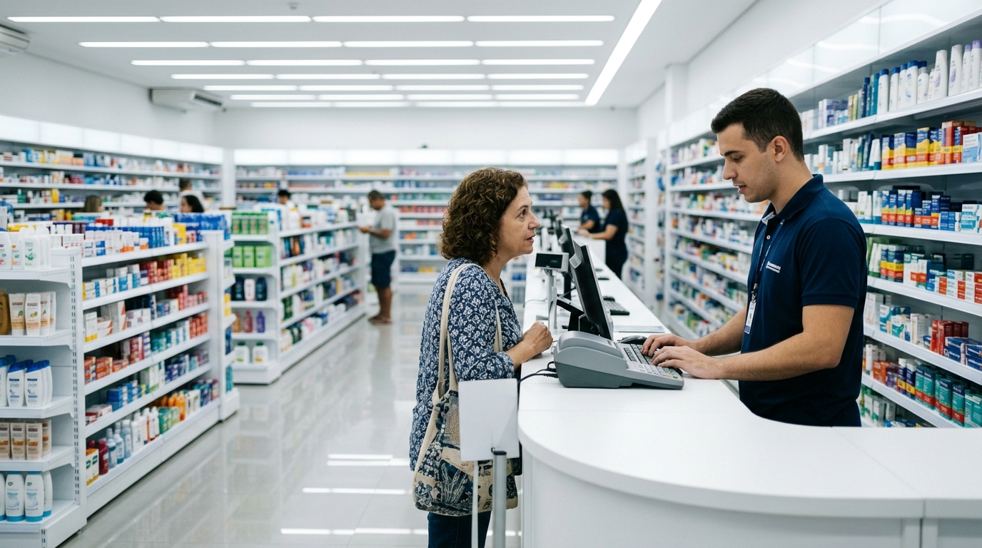 Atendente de farmacia moderna conversa com cliente no balcao enquanto registra a compra.